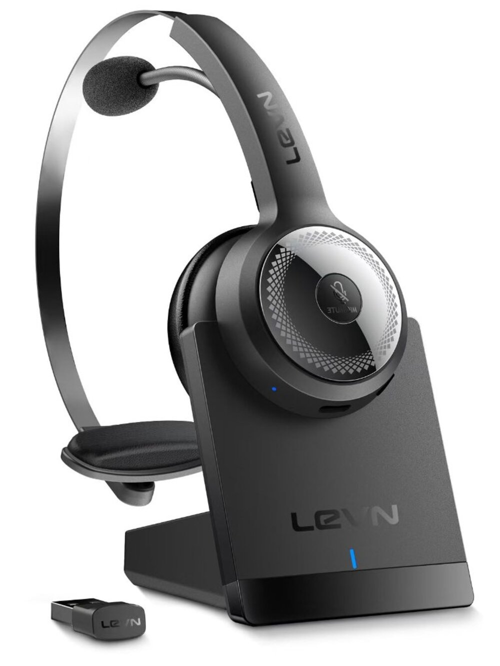 LEVN Wireless Headset with AI Noise Cancelling Mic, Bluetooth 5.2, USB Dongle &